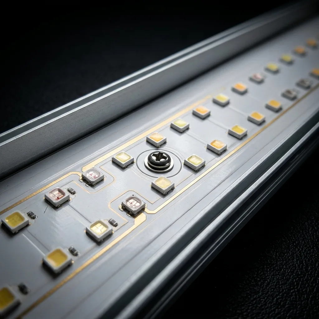 Macrofotografia da placa LED grow com chips de alta eficiência CobraLeds
