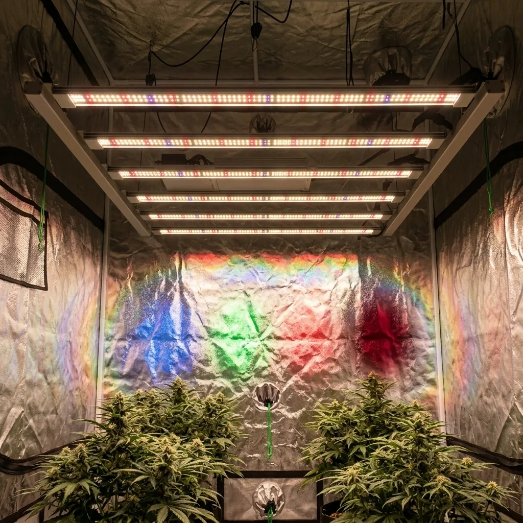 Espectro de luz completo com picos em vermelho profundo e UV para cultivo indoor